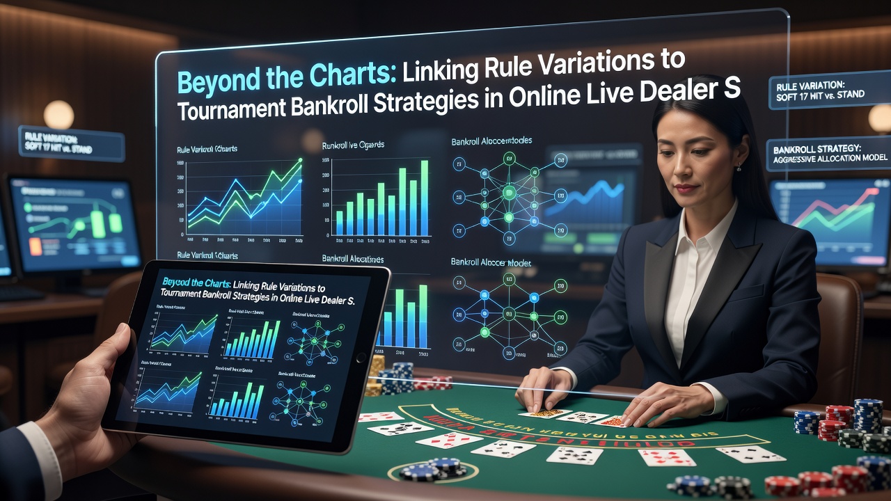 Turnier-Dashboard mit Bankroll-Verteilung und Regelvariationen in einer Live-Dealer-Blackjack-Session