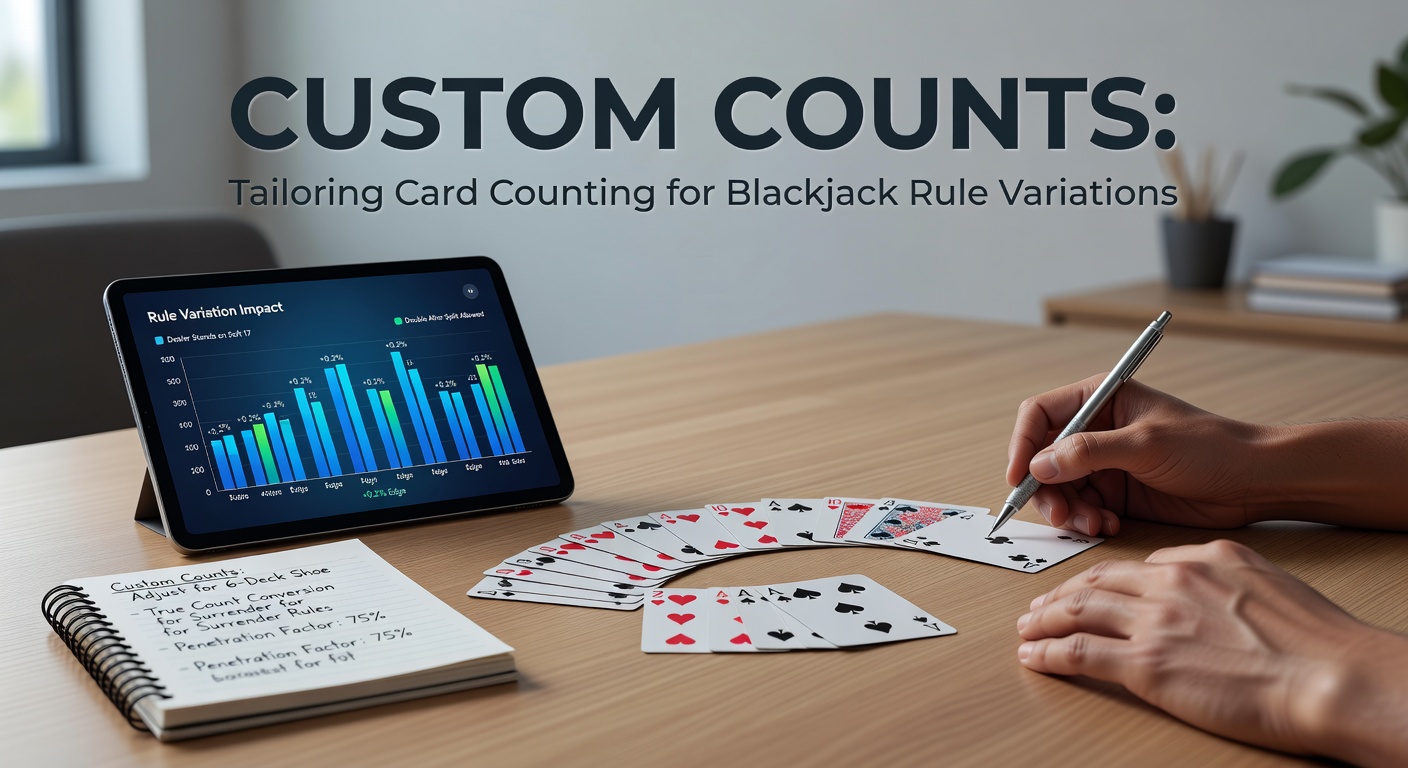 Grafik zeigt ein Blackjack-Tisch mit variierenden Kartenstapeln und Regelmarkierungen, die Anpassungen für Kartenzählen illustrieren