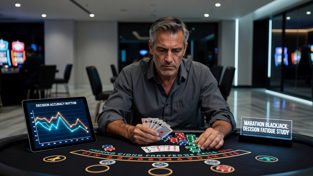 Spieler an einem digitalen Blackjack-Tisch mit Ermüdungsanzeichen
