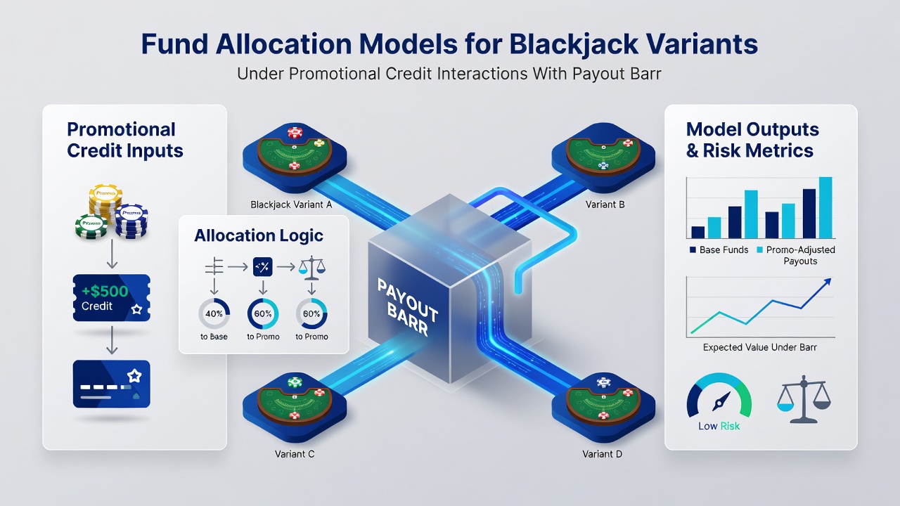 Grafik zur Verteilung von Spielkapital über mehrere Blackjack-Varianten mit Bonus-Interaktionen