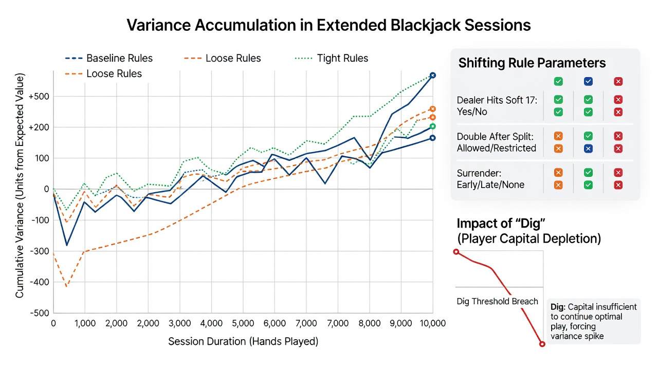 Visualisierung digitaler Schnittstellen und Varianzkurven in Blackjack-Sessions