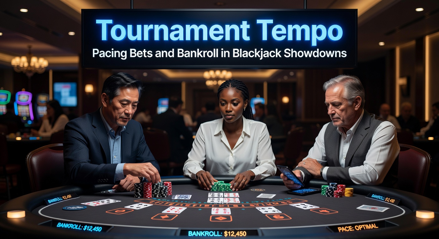 Spieler am Blackjack-Tisch in einem intensiven Turnier, mit Chips stapelnd und Karten verteilend